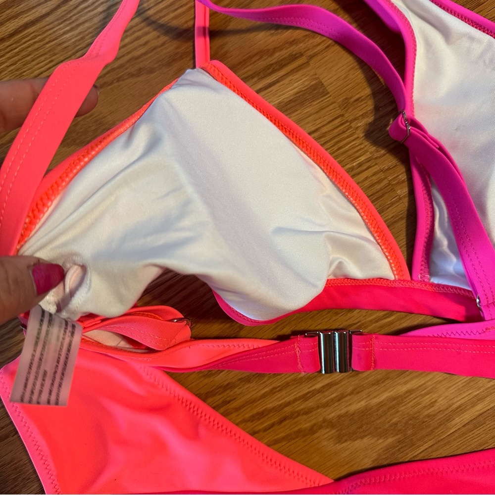 NWOT Neon Pink Orange Split One Shoulder Bikini Set size L - Picture 8 of 9